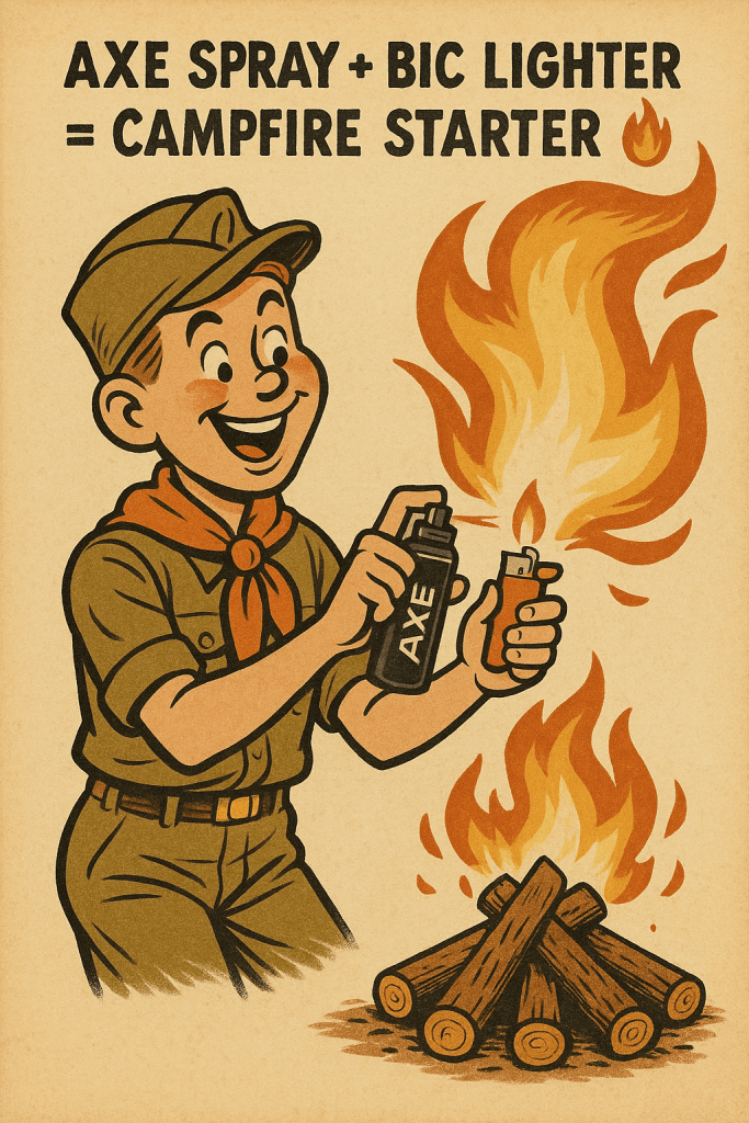 Nothing says “territorial dominance” like converting your personal body odor mask a medium range battlefield flamethrower. Just a spritz, a click, and boom, you’ve got a 10-foot fireball.