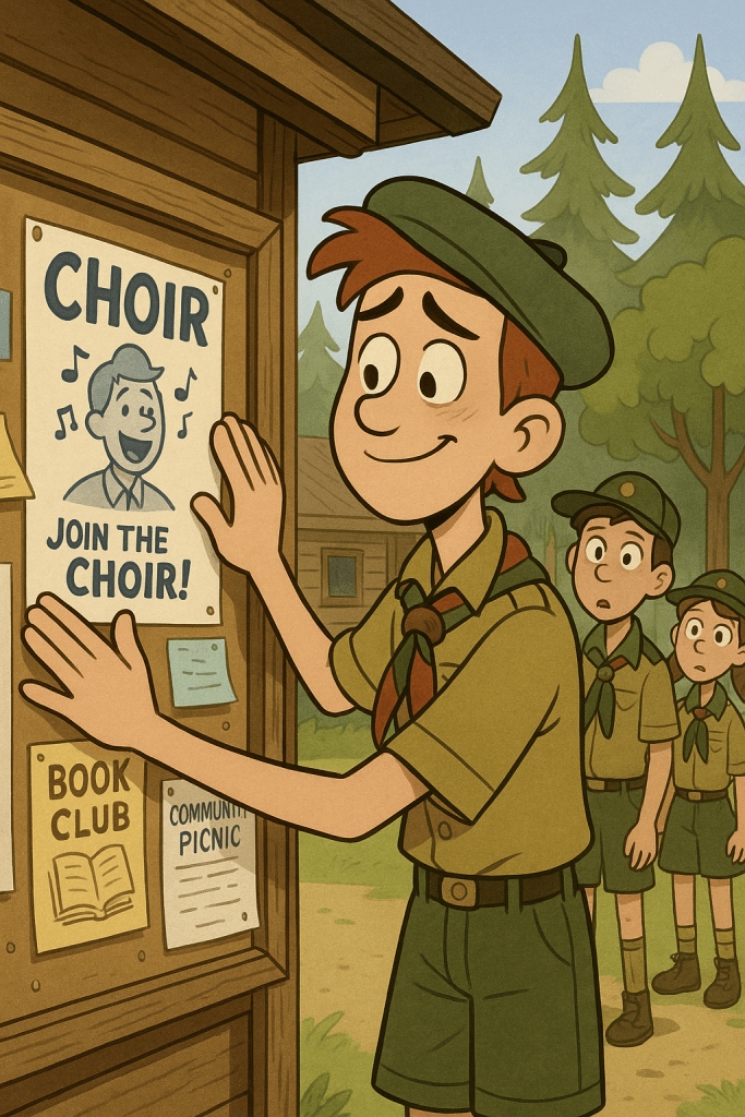Scoutmaster sits at desk with letter, looks thoughtful as Scouts play outside window.