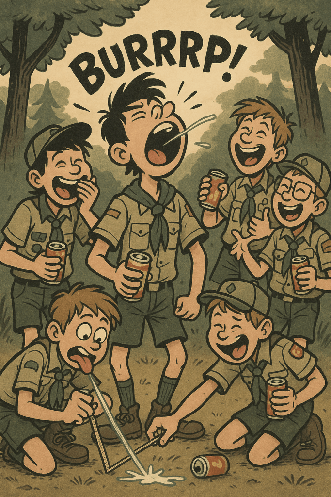 Scouts laughing as one tries to burp the alphabet while another measures a spit contest. Nostalgic cartoon of Scouts competing in harmless, funny games — burping, spitting, and laughing in the woods.