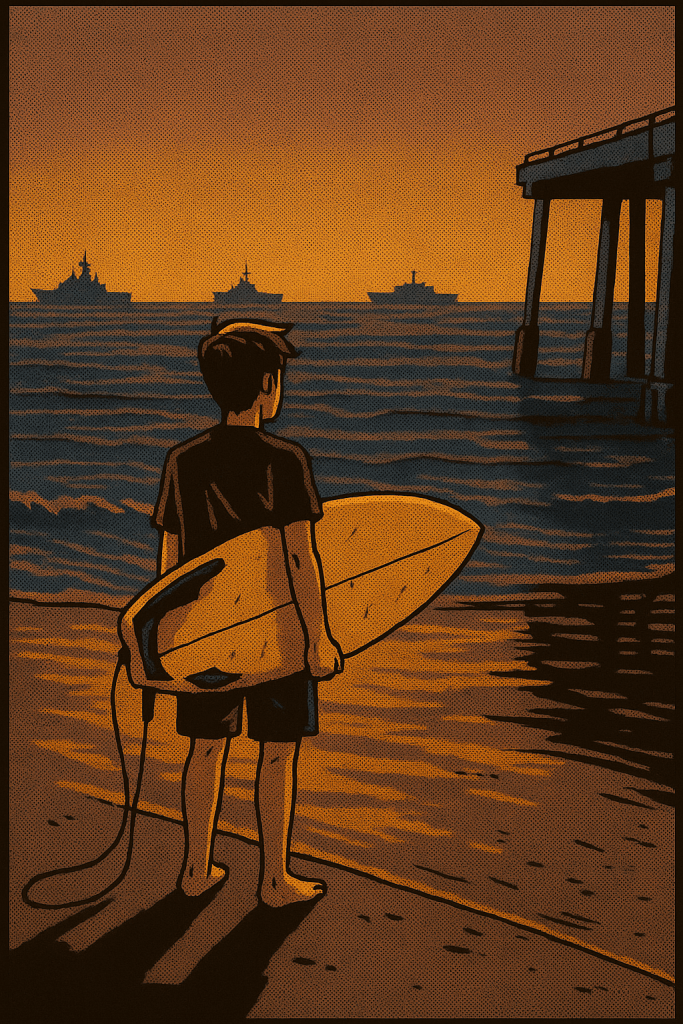 Teen surfer stands alone at sunrise on Breakers Beach, watching Navy ships on the horizon before his final surf session.